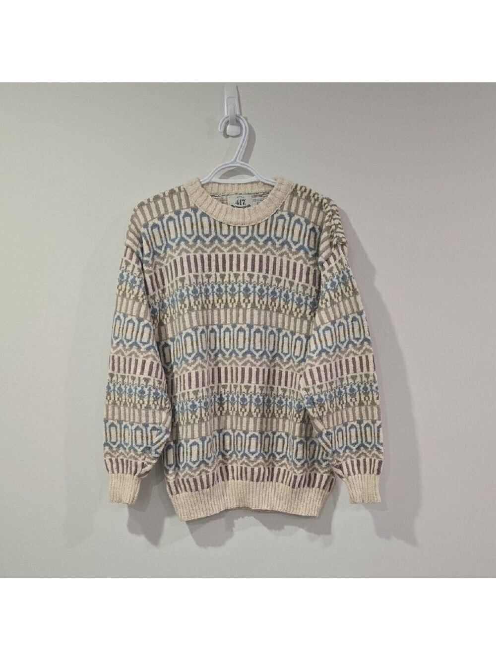 Retro 90's Van Heusen Beige and Blue Patterned Crewneck Cotton Knit Sweater